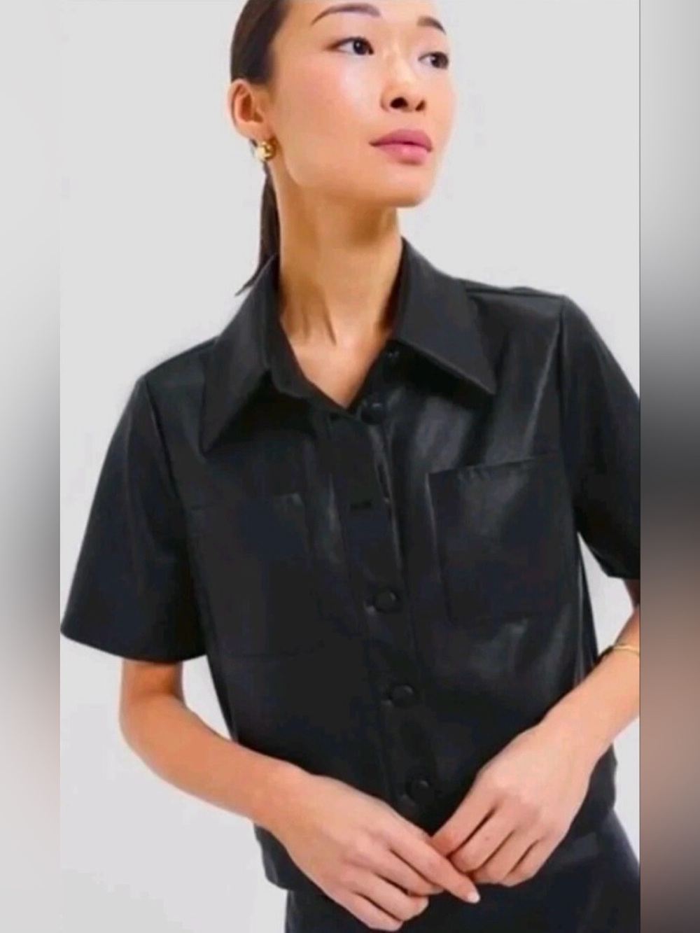 Pomander Place Black Faux Leather Audrina Short Sleeve Button Down Top NWT Small